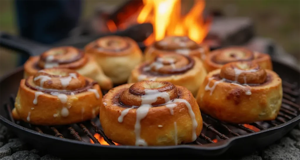 Campfire cinnamon rolls cooking over an open flame, topped with gooey icing.