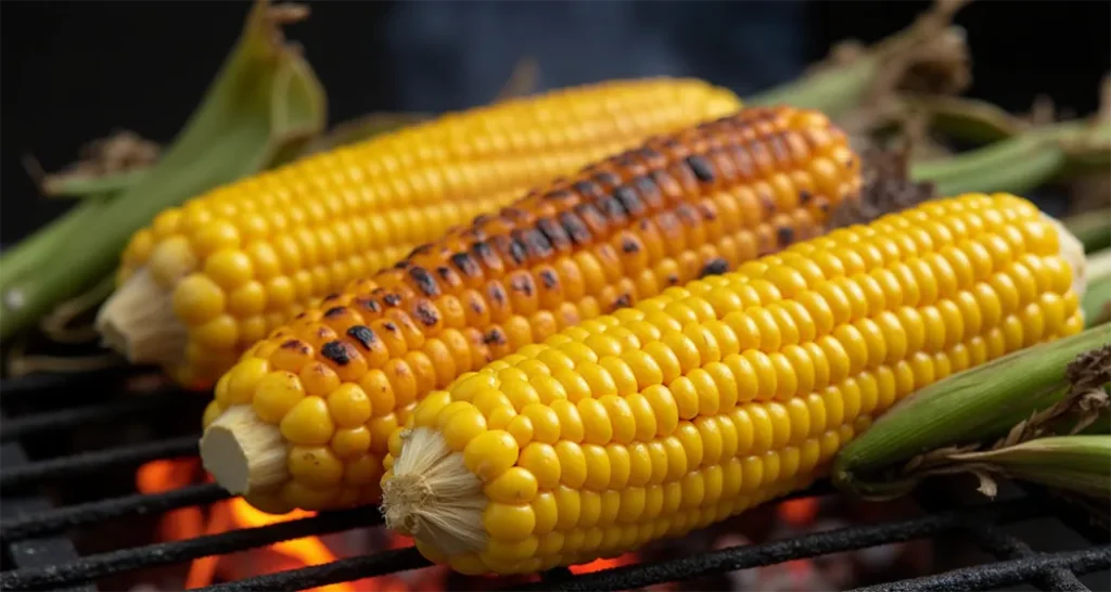 Camping Snacks :Sweet corn on the cob grilling over a campfire, with husks creating natural steam.