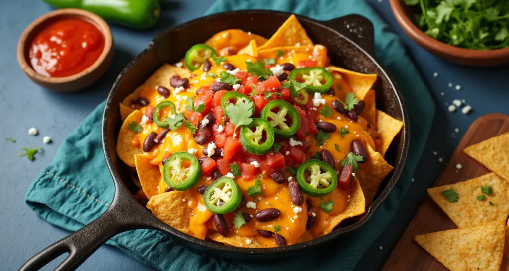 Camping Snacks : Campfire nachos in a cast-iron skillet topped with melted cheese, jalapeños, and salsa.