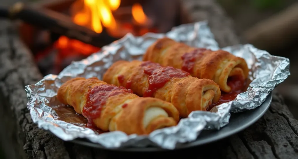 Cheesy campfire pizza rolls wrapped in foil, fresh off the fire