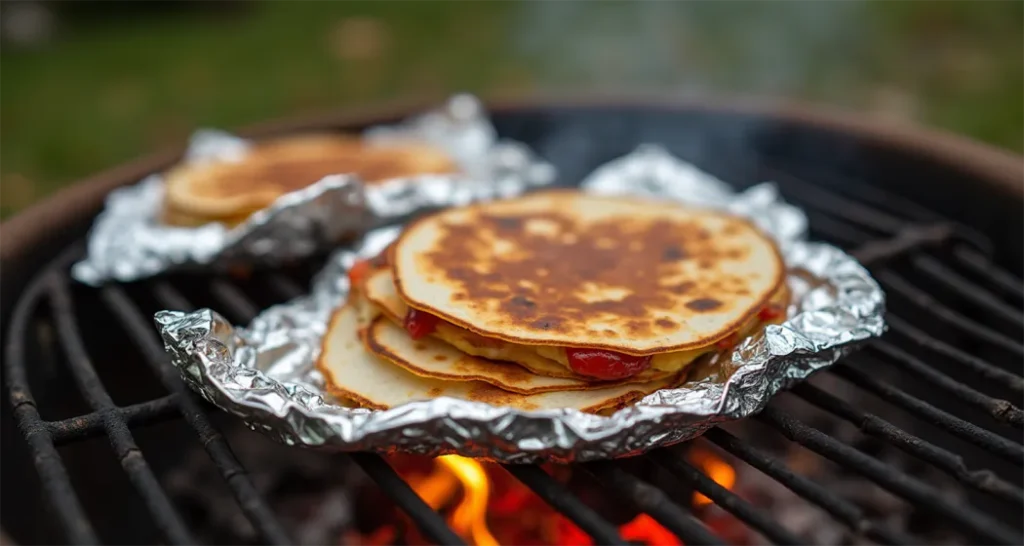 Cheesy campfire quesadillas with chicken and bell peppers, served with salsa and guacamole.