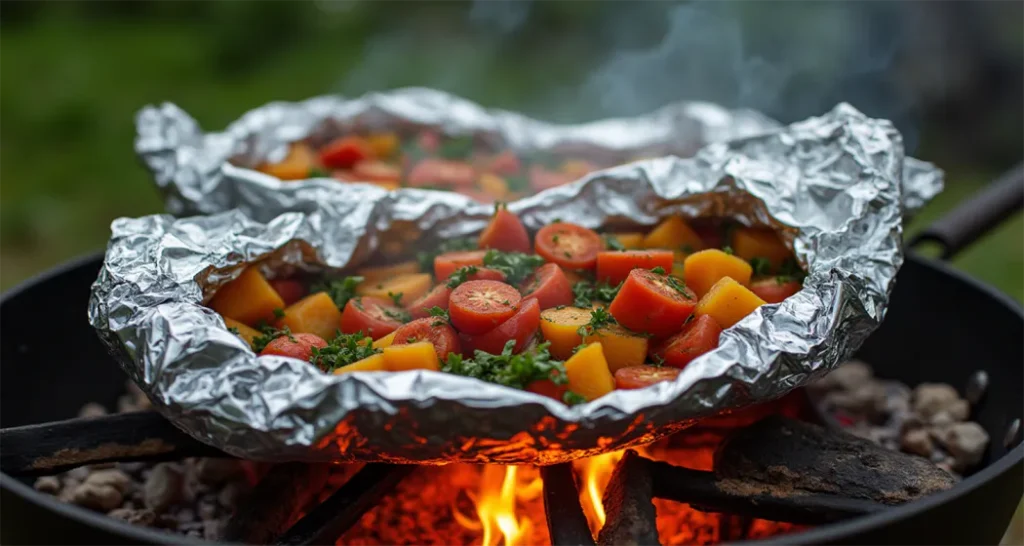 Smoky campfire-roasted veggies with zucchini, bell peppers, and cherry tomatoes, wrapped in foil.