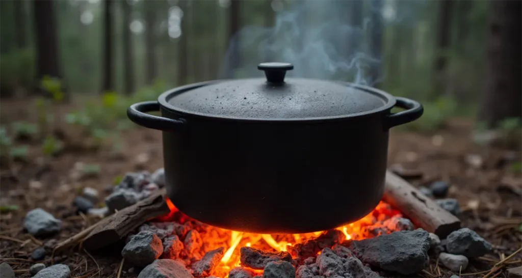 Dutch oven set up on a campfire with glowing embers.