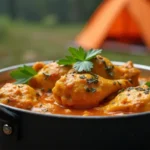 Camping Chicken Curry in a single pot, placed on a portable stove amidst a wilderness setting.