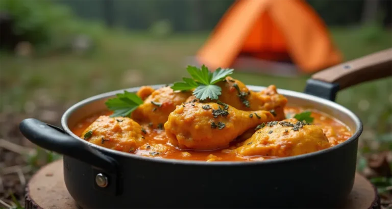 Camping Chicken Curry in a single pot, placed on a portable stove amidst a wilderness setting.