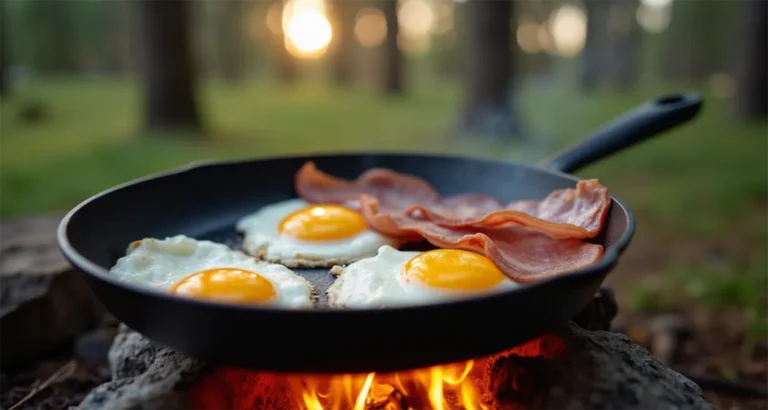 Camping frying pan on open flame with eggs and bacon at a scenic campsite.