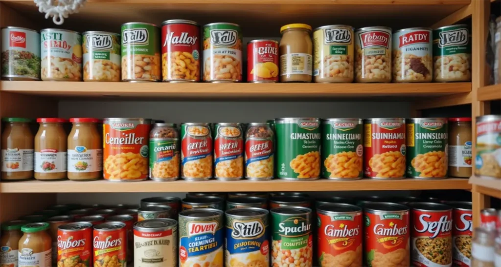 Non Refrigerated Meals : Pantry shelves stocked with a variety of canned goods for non refrigerated meals.