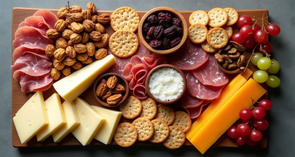 Cheese and charcuterie board with cheddar, salami, dried fruits, nuts, and crackers, perfect for camping.