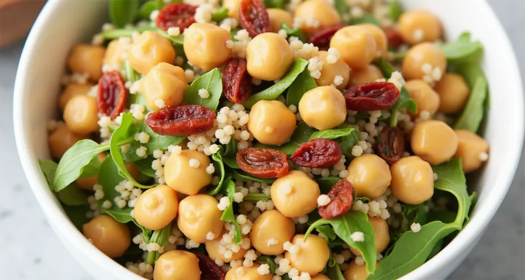 Chickpea and couscous salad with sun-dried tomatoes and herbs.