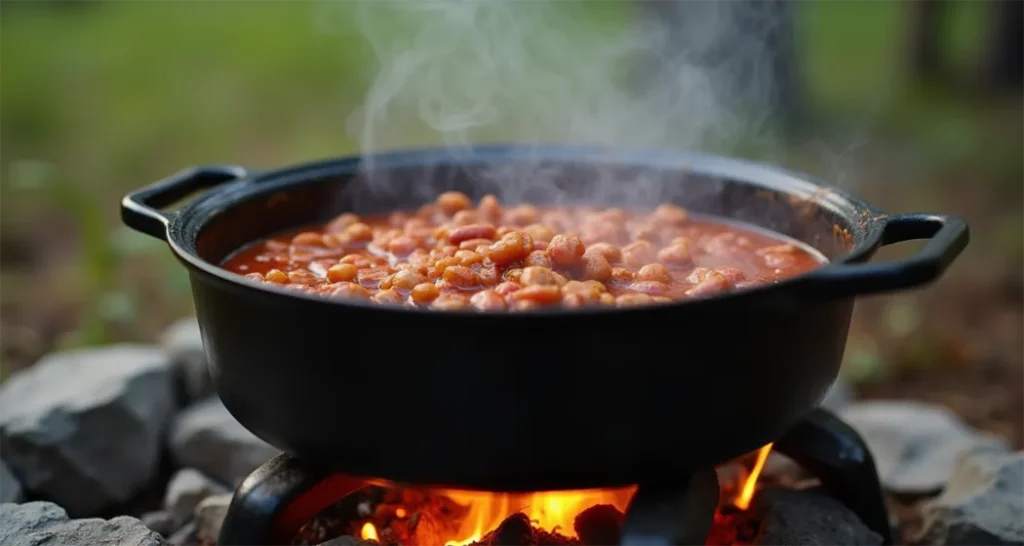 Pot of chili with beans and ground beef on a portable camping stove.