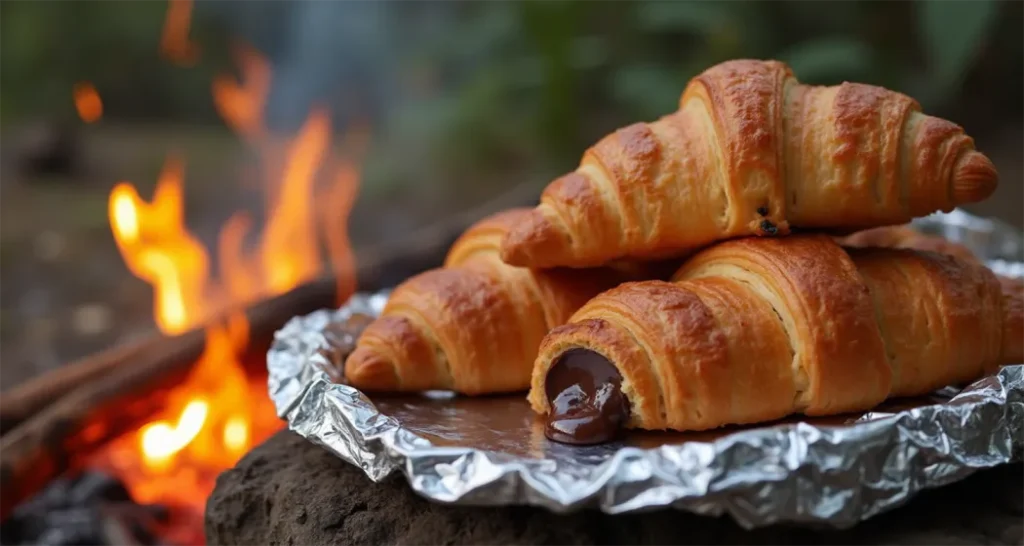 Flaky campfire croissants filled with chocolate hazelnut spread, cooked over a campfire.