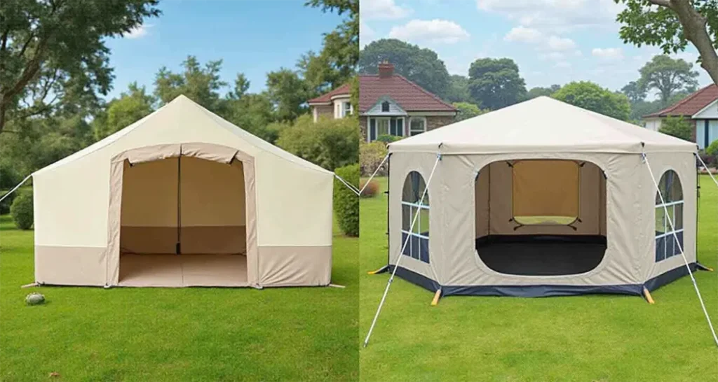 Comparison of a small camping tent and a large camping tent to highlight differences in space and comfort.