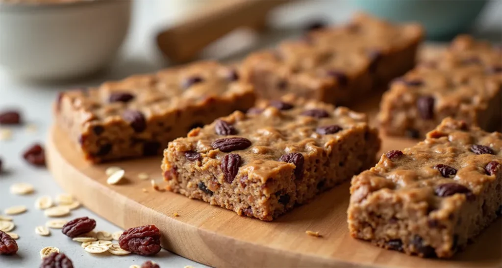 Homemade cinnamon raisin energy bars with oats and almond butter on a wooden cutting board.