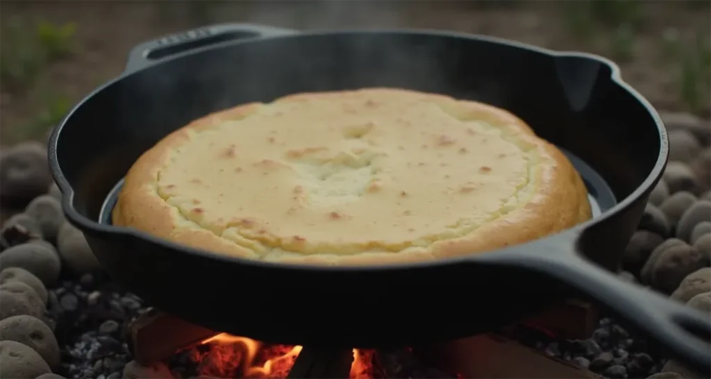 Classic bannock bread cooking in a greased skillet over a campfire.