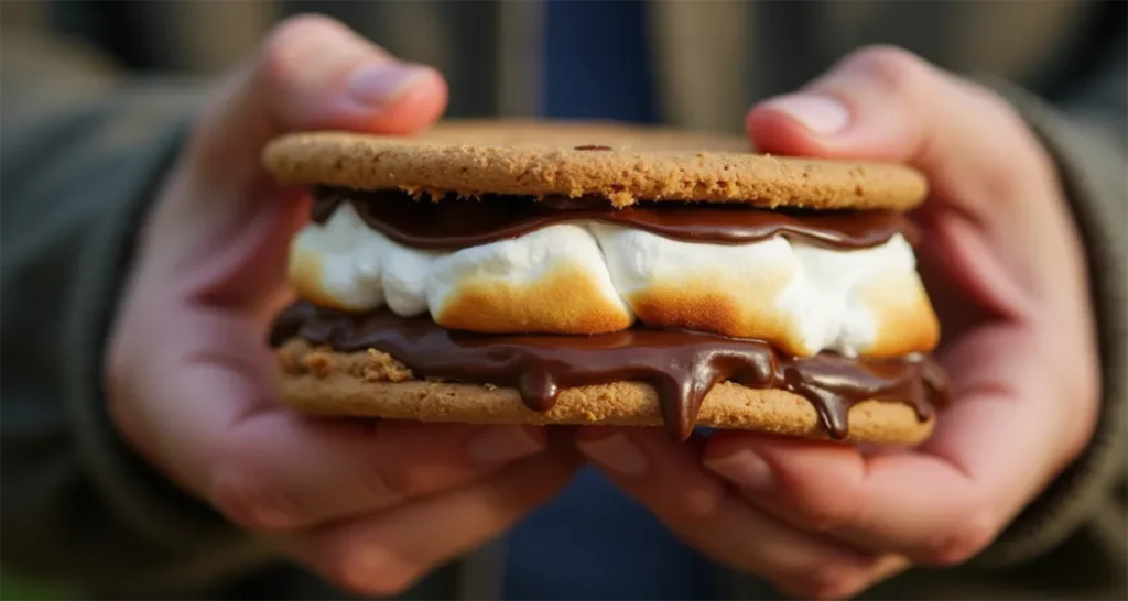 Classic s’mores with graham crackers, chocolate, and toasted marshmallows by the campfire.