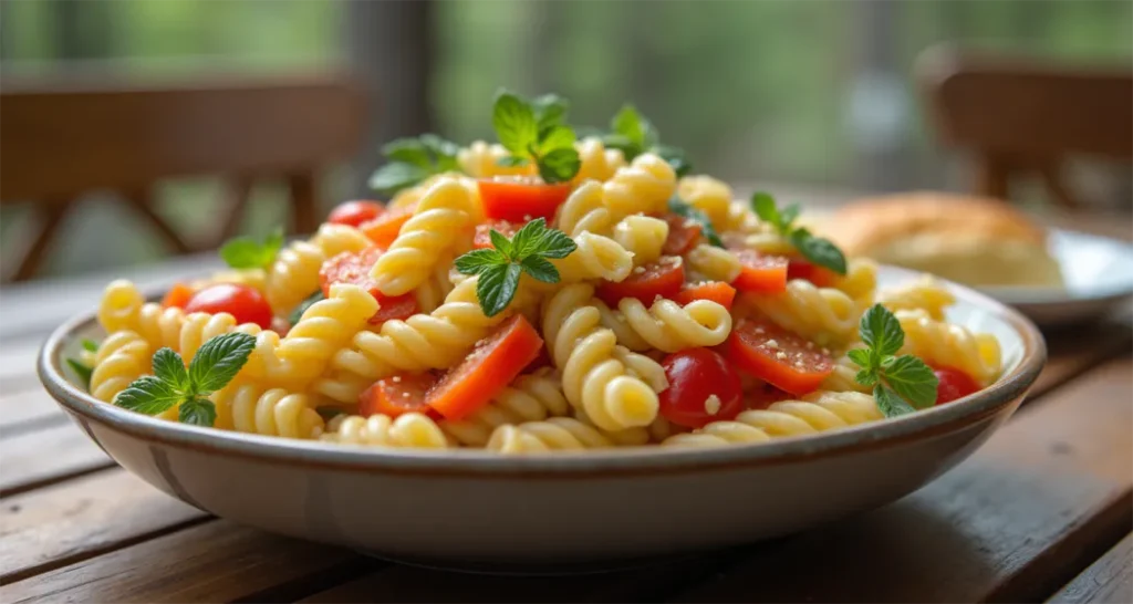 Cold pasta salad with cherry tomatoes and cucumbers on a camping table.