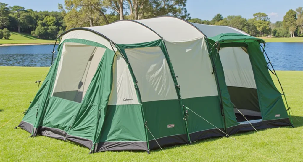 Coleman WeatherMaster 10-Person Tent set up in a forest campsite with a screen room and spacious interior for queen-sized airbeds.