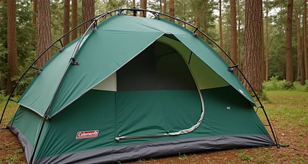 Coleman FastPitch Air Valdes tent set up in a sunny family campsite.