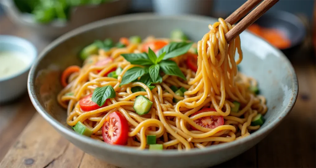 A large mixing bowl with noodles, vegetables, and dressing being tossed