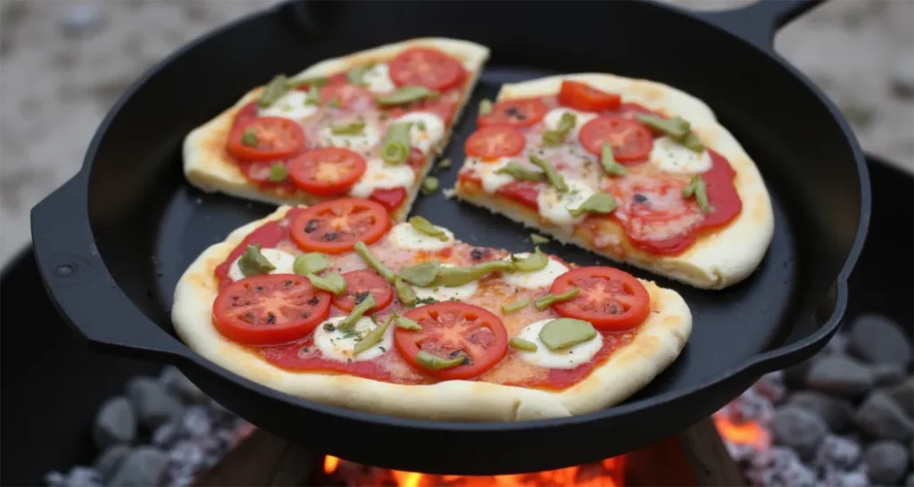 Pita pizzas cooking on a cast-iron skillet over a campfire