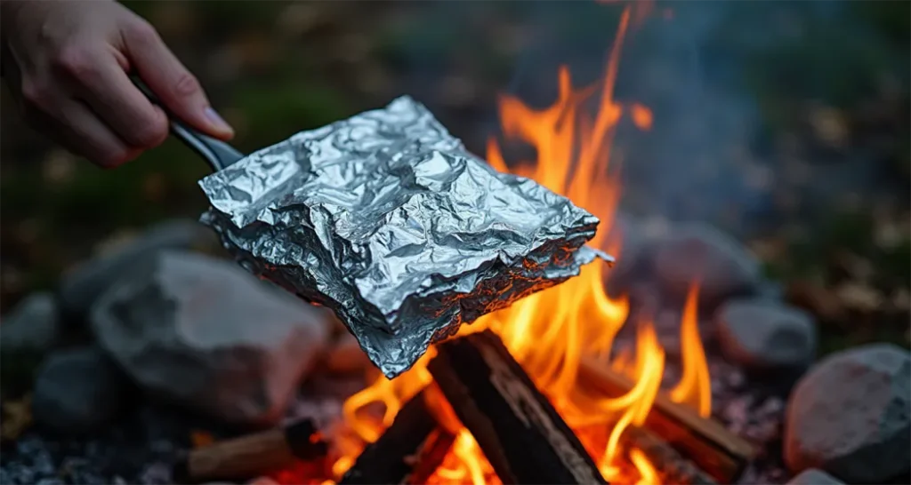 Foil packs cooking over a campfire.