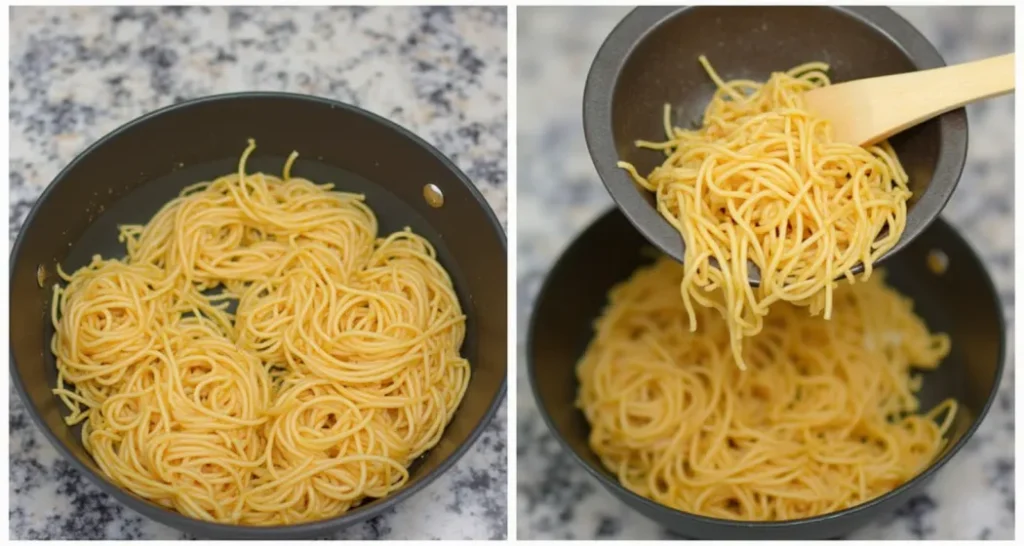 Boiling ramen noodles in a pot on a camp stove