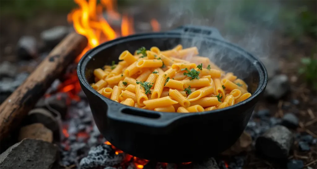 Macaroni cooking in a Dutch oven over a campfire