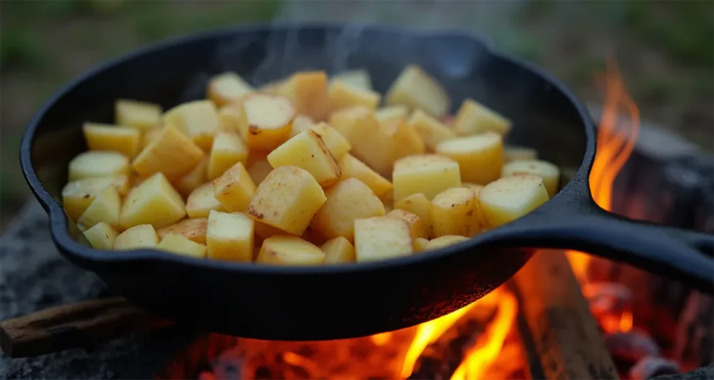 Diced potatoes cooking in a cast-iron skillet over a campfire