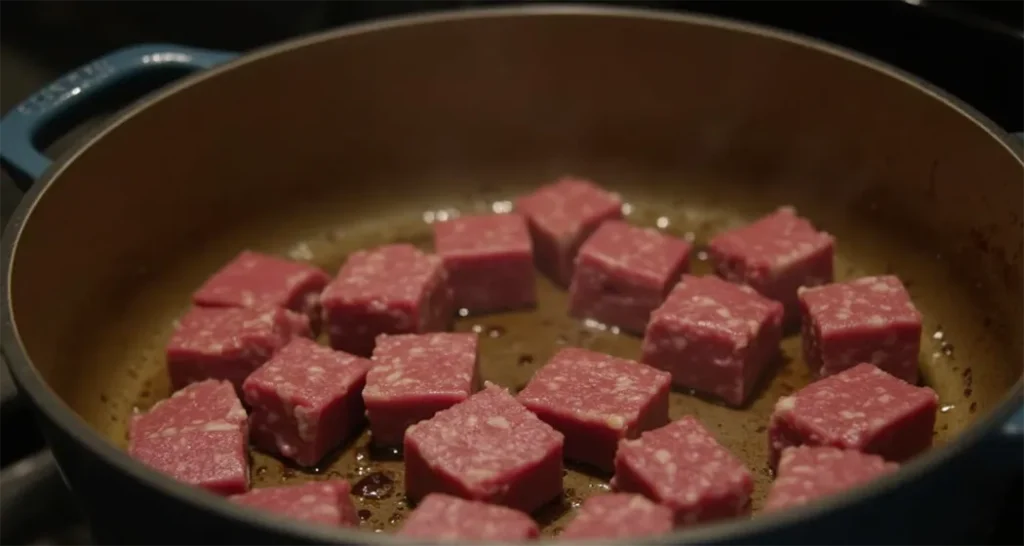 Beef cubes searing in a Dutch oven over campfire coals.