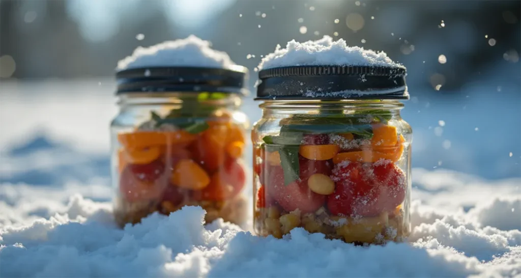 High-calorie meals in insulated food jars for winter camping.