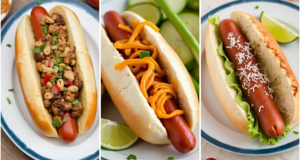 Gallery of plated hot dogs styled in different recipes (e.g., Chicago-style, Tex-Mex, Hawaiian)