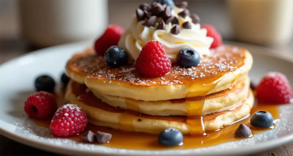 Pancakes topped with maple syrup, fresh berries, whipped cream, and chocolate chips.