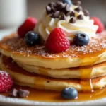 Pancakes topped with maple syrup, fresh berries, whipped cream, and chocolate chips.