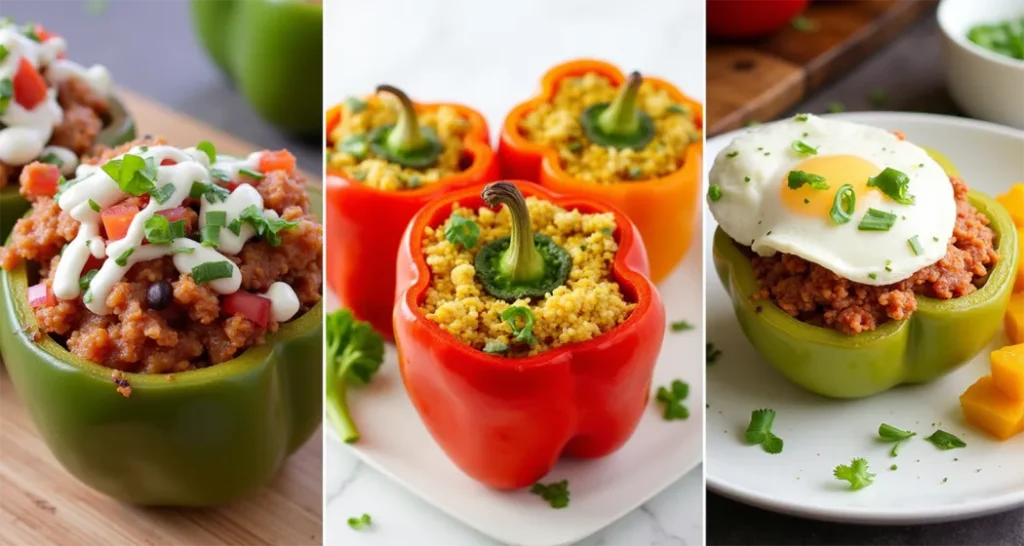 Three variations of Vegetarian Stuffed Bell Peppers: Southwestern, Mediterranean, and breakfast style.