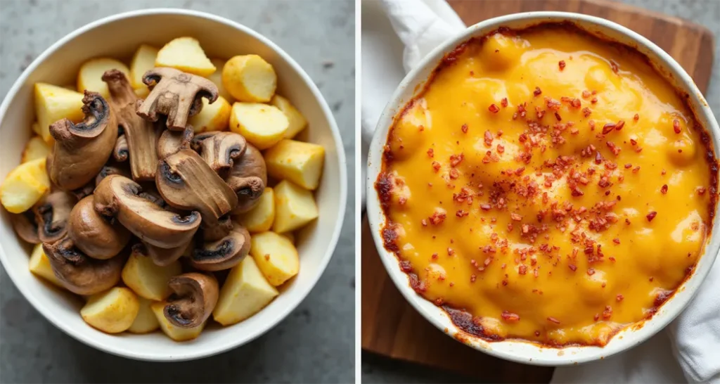 Creative variations of cheesy potato casserole: vegetarian with mushrooms and spicy with chili flakes.