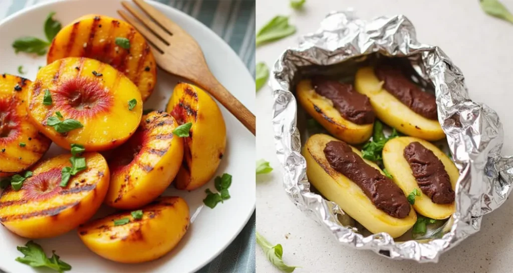 Grilled peaches drizzled with honey for a camping dessert.