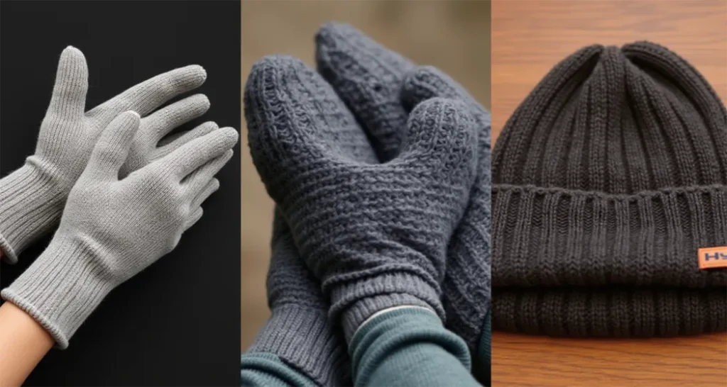 Thermal gloves, wool socks, and a beanie for protecting extremities during cold-weather camping.