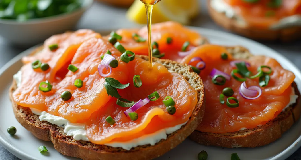 Fresh lemon juice being drizzled over the completed bagel