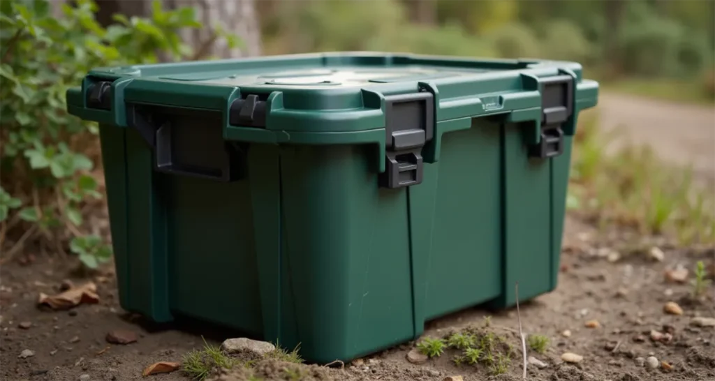 Durable camping storage box made from high-density plastic, perfect for outdoor use.