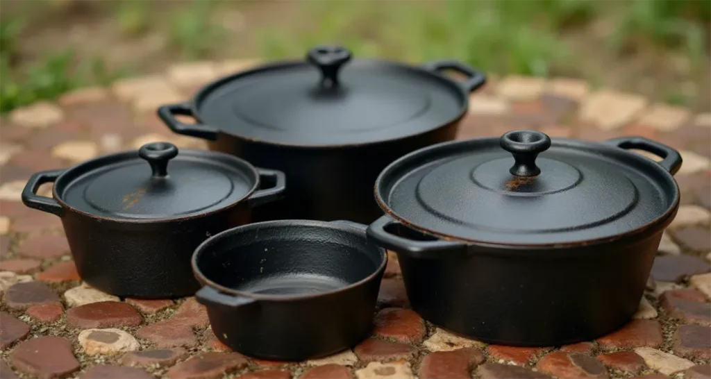 Different sizes of cast-iron Dutch ovens for camping with lids and handles