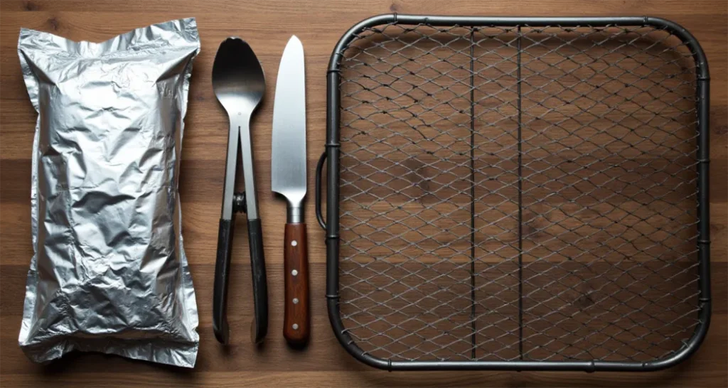 Essential equipment for foil pack cooking, including aluminum foil, tongs, a knife, and a grill grate