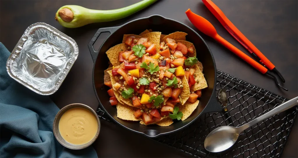 Flat lay of camping equipment for making nachos, including a cast-iron skillet, foil pan, tongs, aluminum foil,