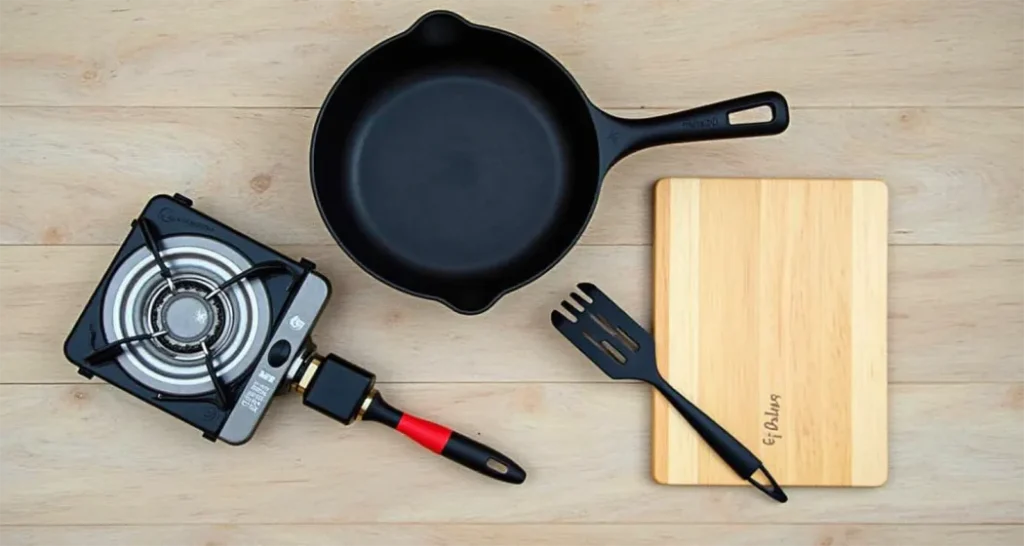 Camping cooking essentials: a cast-iron skillet, propane stove, spatula, and cutting board