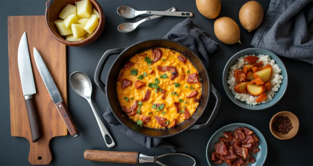 Essential campfire cooking tools for preparing a Dutch oven casserole.