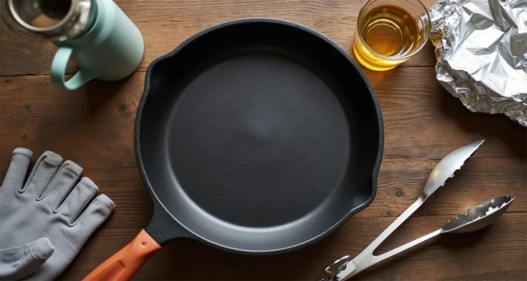 Essential equipment for cooking campfire quesadillas: cast-iron skillet, tongs, heat-resistant gloves, and foil.