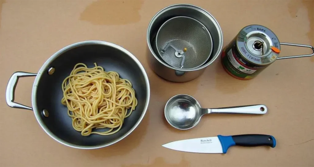 Essential camping kitchen tools for making Cold Ramen Noodle Salad, including a camp stove, pot, colander, and knife