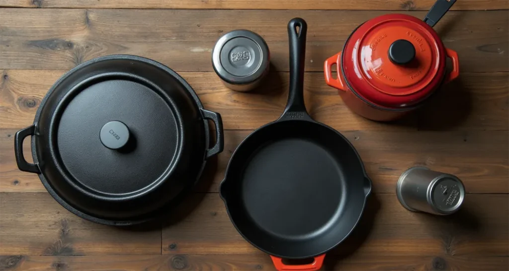 One Pot Camping Meals : essential camping cookware: Dutch oven, cast iron skillet, and camping stove.