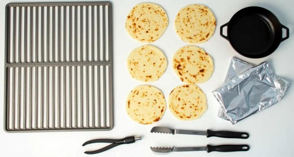 equipment including a grill grate, cast-iron skillet, tongs, and aluminum foil