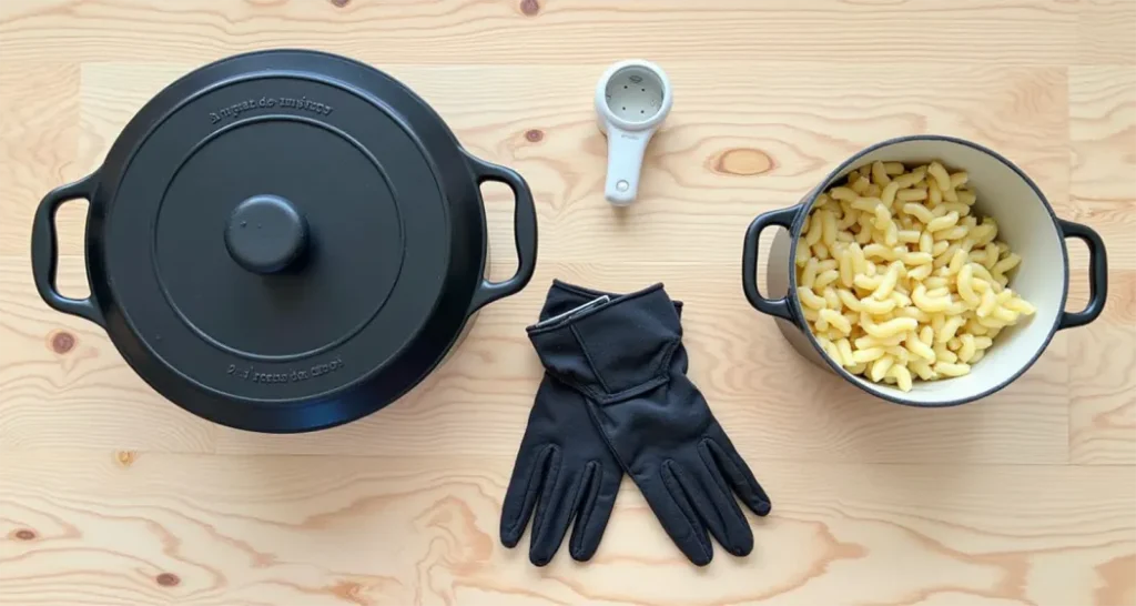 Essential tools including a Dutch oven, gloves, and a lid lifter