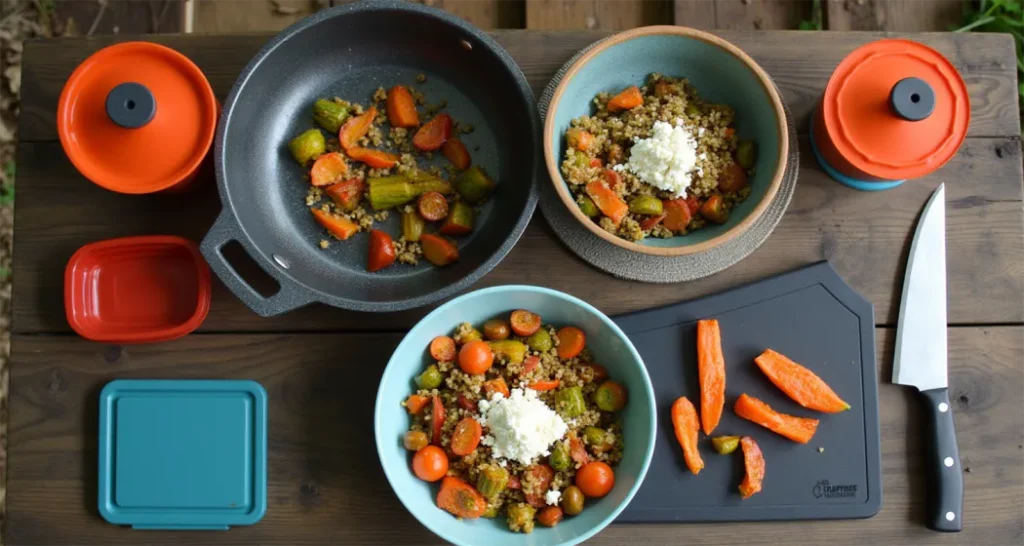 Flat lay of essential camping kitchen tools, including a camp stove, cast-iron skillet, reusable containers, and a cutting board